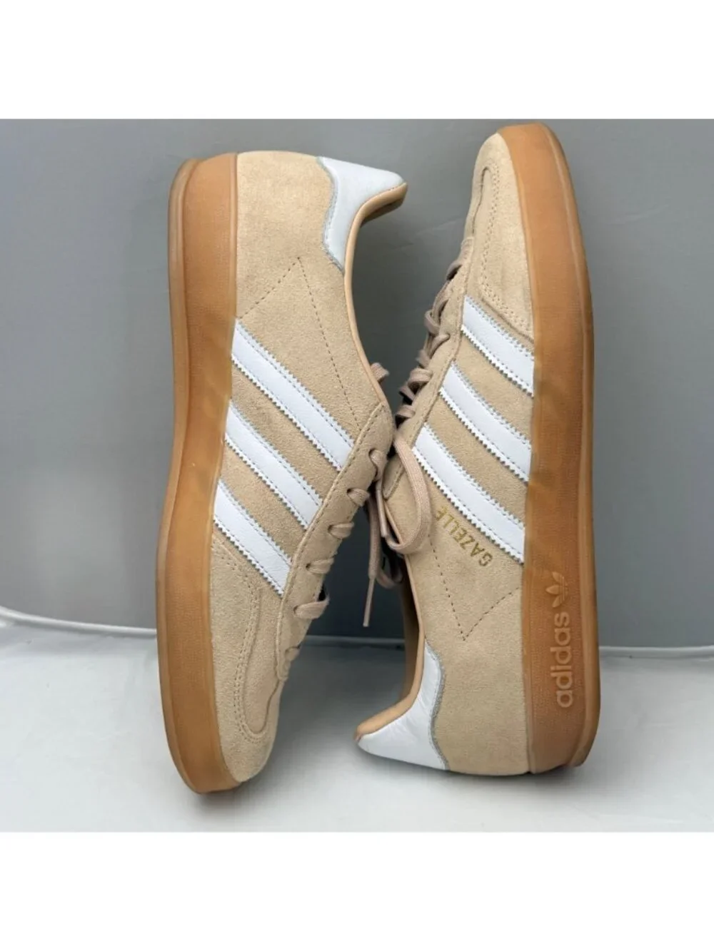 Adidas Gazelle Indoor Beige Suede Sneakers White Stripes Gum Sole Womens 8.5
